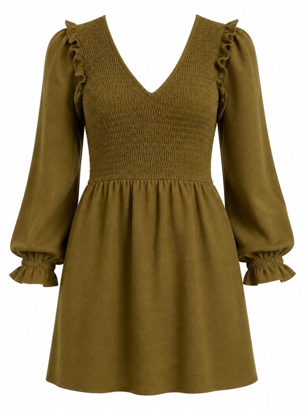 Olive Smocked V-Neck Long Sleeve Dress Madewell